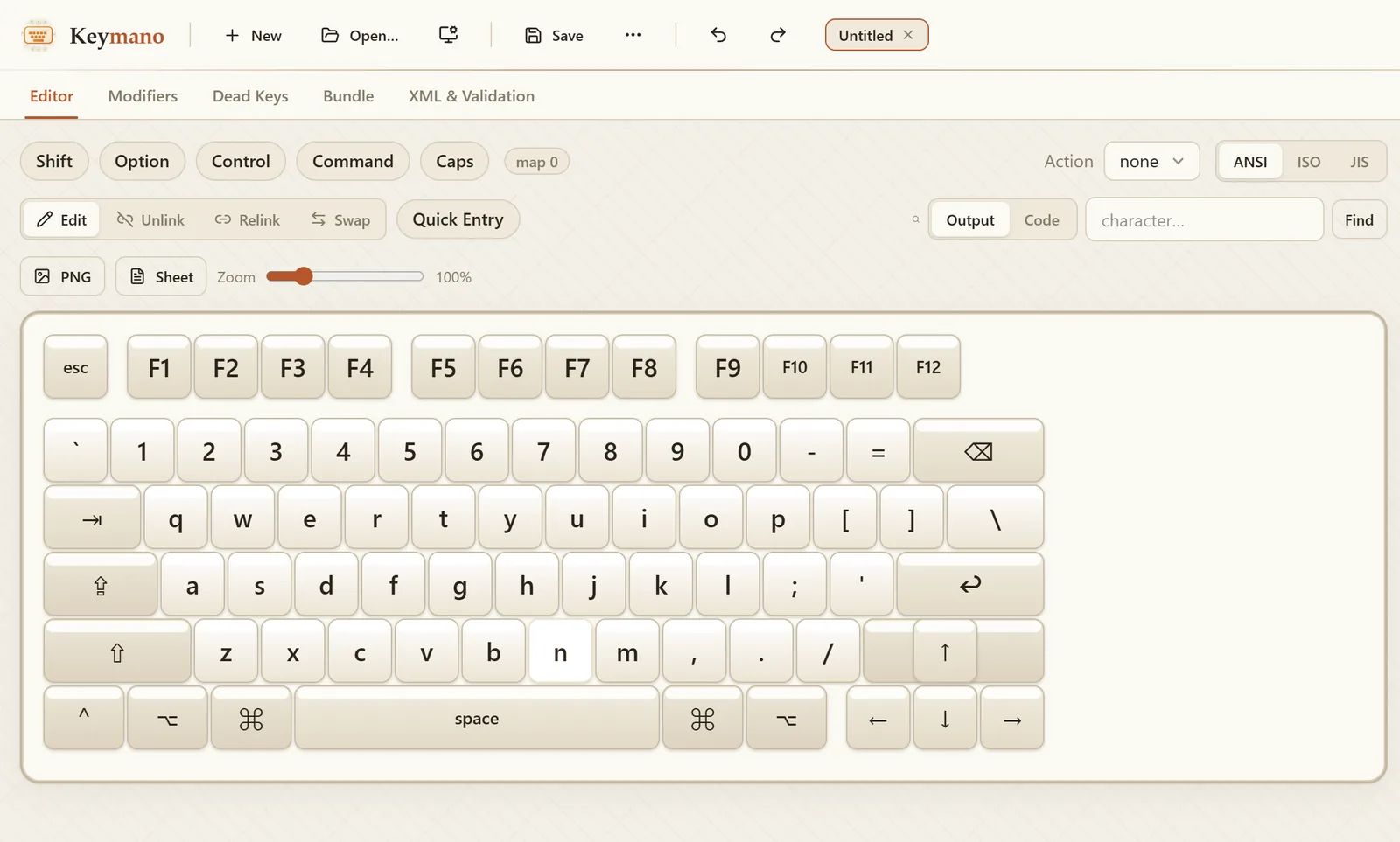 Screenshot of the keymano editor: modifier and edit toolbars above a full clickable keyboard for a US layout.