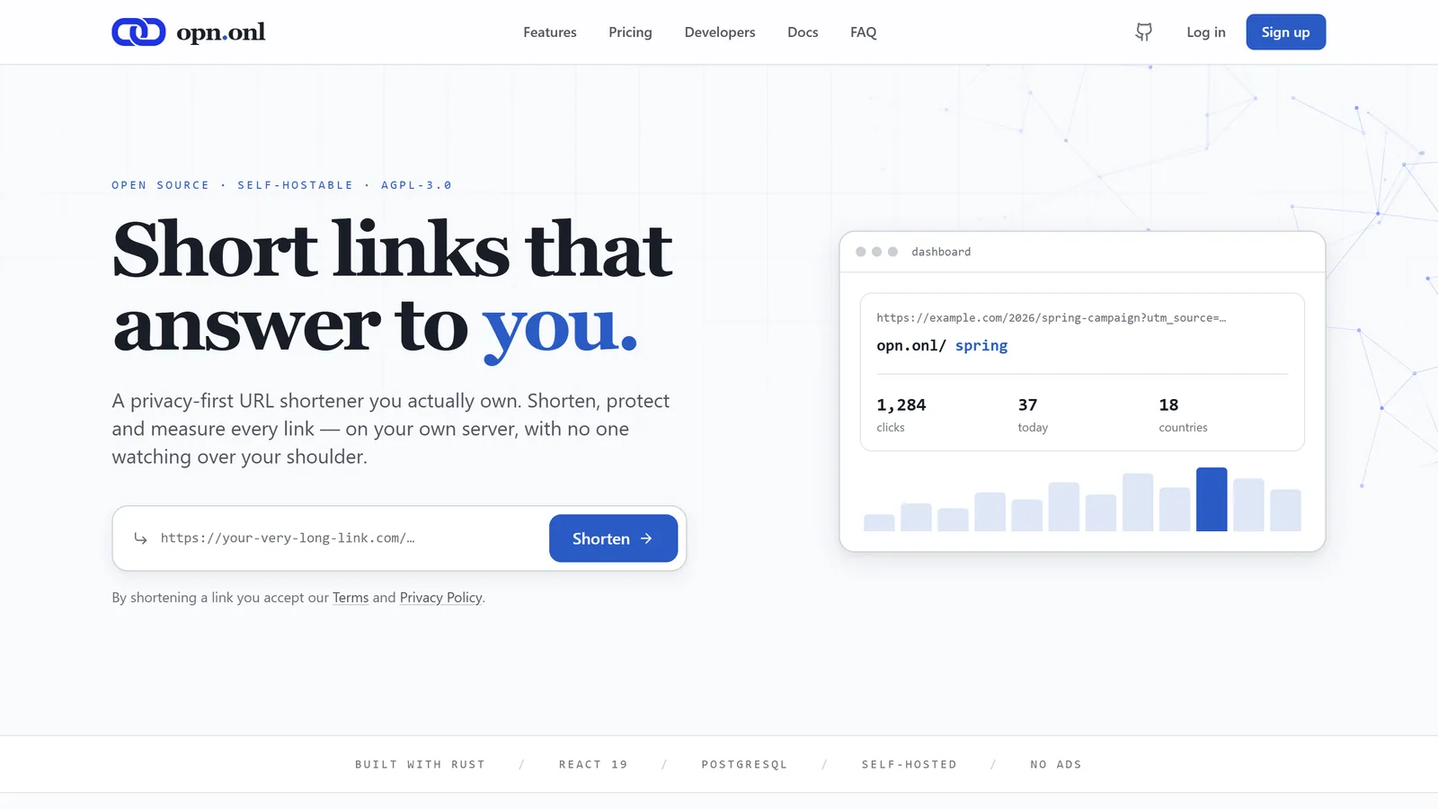 Screenshot of the opn.onl homepage: the headline 'Short links that answer to you.', a box to shorten a link, and a dashboard preview with click counts and a bar chart.