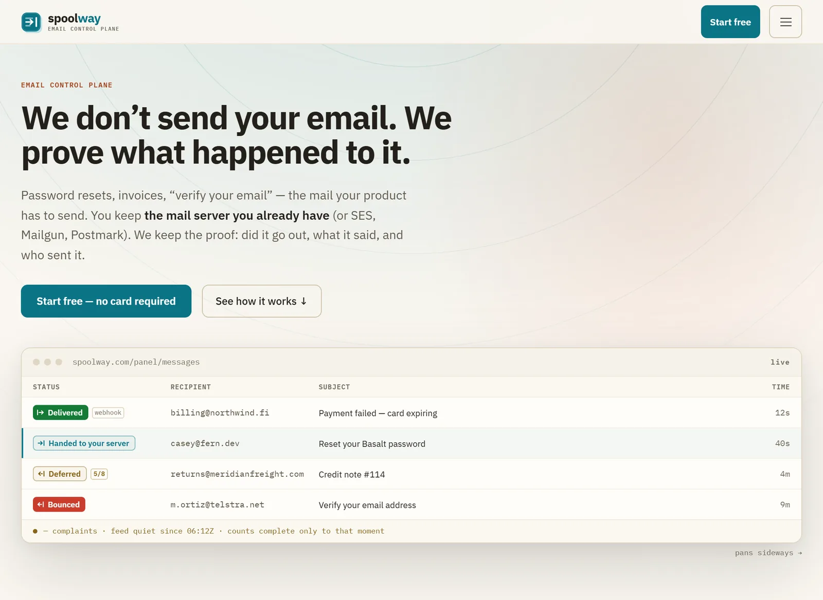 Screenshot of the spoolway.com homepage: the headline 'We don't send your email. We prove what happened to it.' and the line about keeping the mail server you already have, or SES, Mailgun or Postmark.