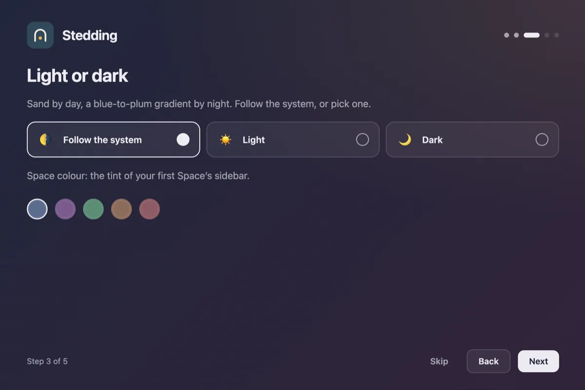 Screenshot of Stedding Browser's welcome flow: the 'Light or dark' step with Follow the system, Light and Dark options and five Space colours.