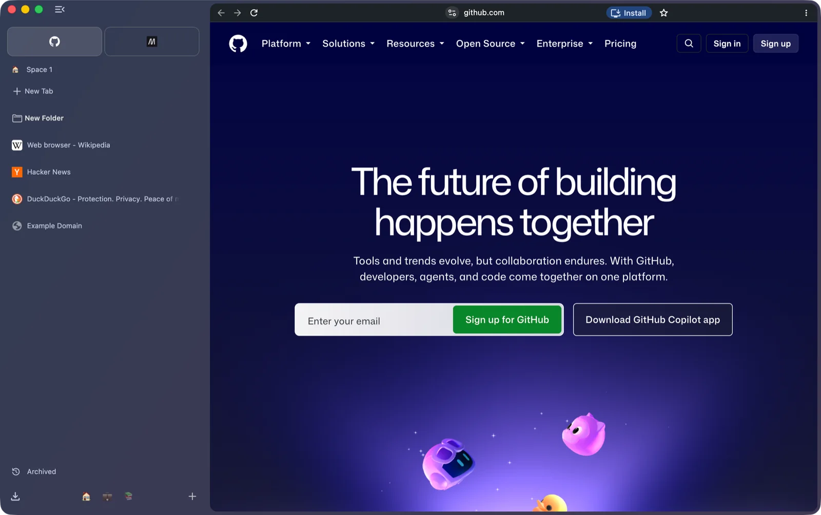 Screenshot of the Stedding Browser window: a sidebar with the Space switcher, pinned tabs, a folder and open tabs on the left, and github.com open on a floating card with its address centred on the top row.